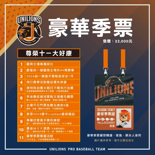 統一獅隊台南主場44場比賽，兩種季票今日 1/26 開始發售