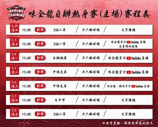 味全龍挑戰2連霸，安排20場自辦熱身賽，5場直播、2場開放球迷