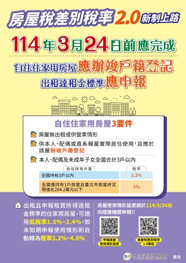 房屋稅差別稅率2.0新制，讓自住者享優惠，記得辦理戶籍登記喔！