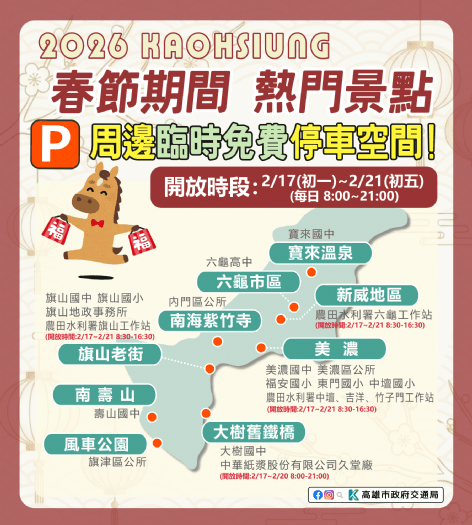 115年春節出遊免煩惱，高雄熱門景點周邊開放臨時停車空間